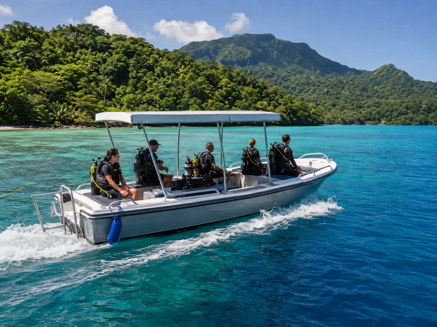 Small dive boat carrying divers across tropical water. Replace with assets/boat-day-original.webp if required.
